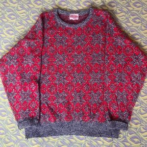 Vintage, made in the USA, bonjour red and grey size XL cuffed sleeve sweater‎